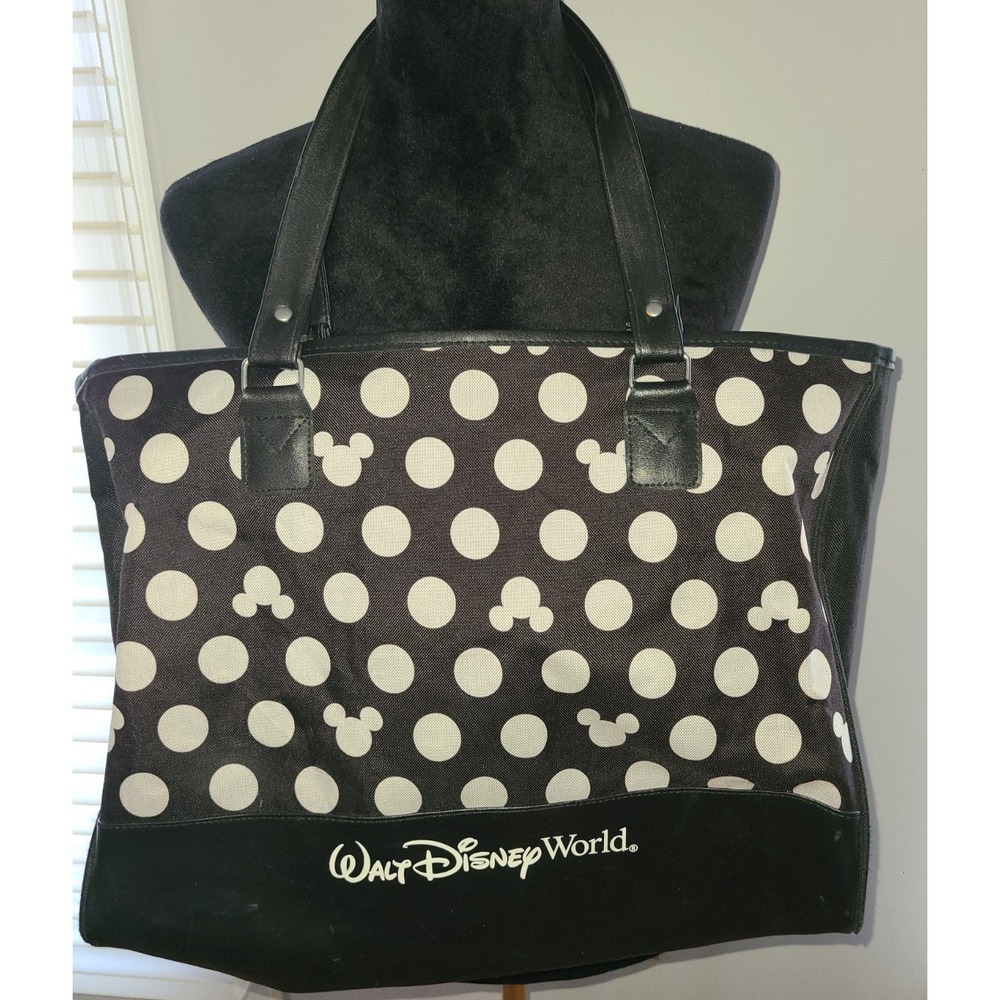 Walt Disney World Mickey Tote Bag Handbag Black/White Polka Dots‎ 17x14x 4